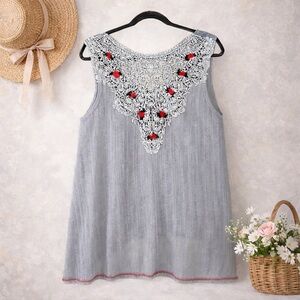 Anthro Nick & Mo‎ Crochet Lace Back Distressed Tank High Low Linen Tunic Top M